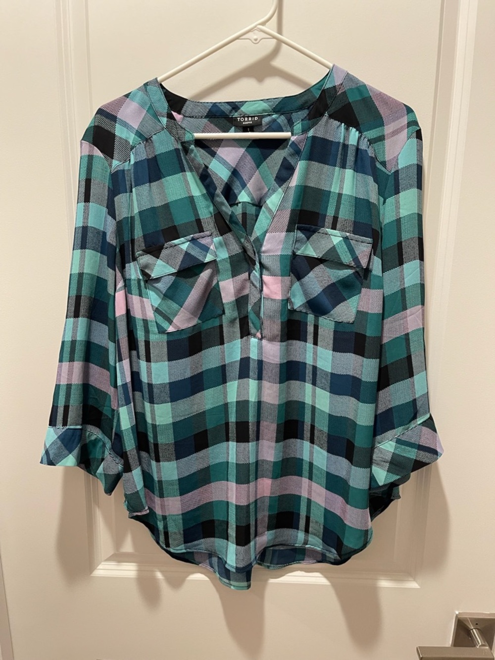 Torrid Harper 3/4 Sleeve Teal, Black Plaid Pullover Blouse (1)